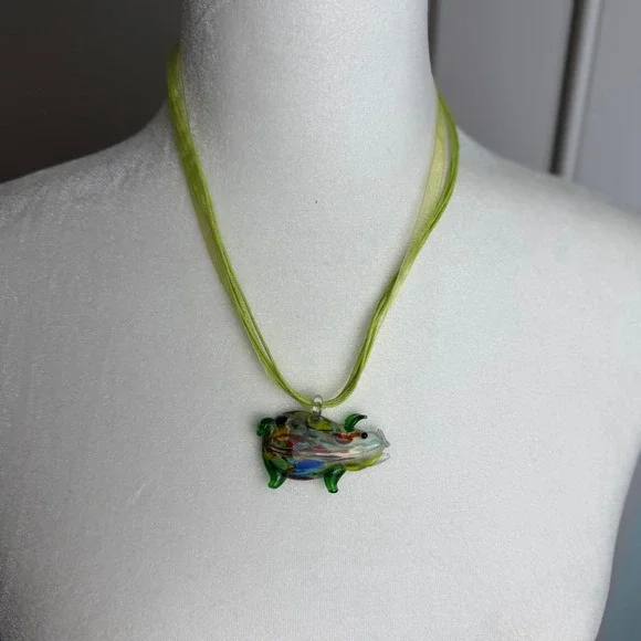 Art Glass Pig Pendant Necklace Lime Green Ribbon Cord Confetti Animal Jewelry - Picture 2 of 10